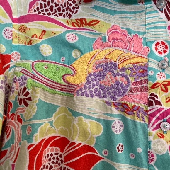 Robert Graham turquoise & pink tropical pattern embroidered 3/4 sleeve button up - Picture 9 of 11